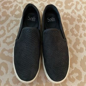 Sofft brand, woman’s size 7, black snake pattern, slip on sneakers